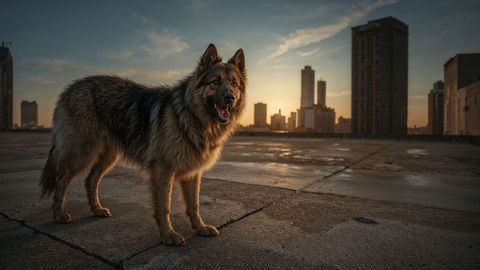 Majestic german shepherd barking dog on rooftop at sunset