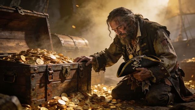 Kneeling pirate gazing at overflowing treasure chest of gold coins in ship hold