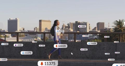 Urban Commuter Walking on Bridge with Digital Notification Icons