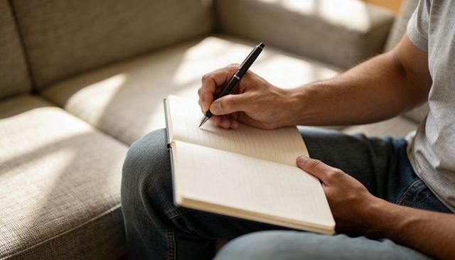 Man writing in lined notebook on sofa, journaling at home in soft daylight
