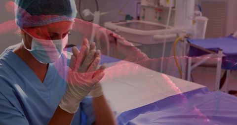 Scrubbing surgeon preparing hands with pink dna helix overlay in sterile operating room