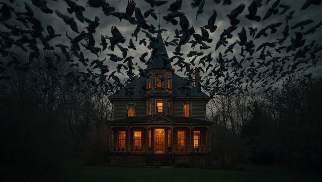 Glowing victorian manor standing at dusk with swirling flock of crows