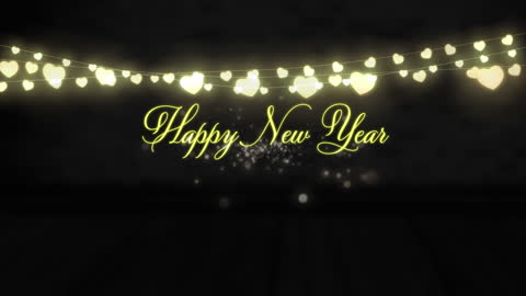 Happy New Year Text with Glowing Heart Shaped String Lights
