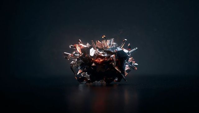 Abstract Spiky Metallic Crystal with Amber Highlights on Dark Surface