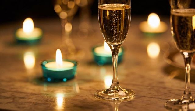 Sparkling champagne flute with rising bubbles and tealight candle reflections on marble bar