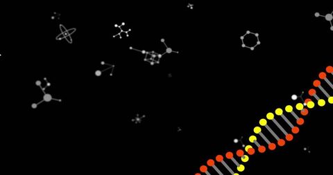 DNA Helix with Molecular Icons on Black Background