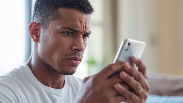Hispanic man reading smartphone with worried expression and wedding ring visible