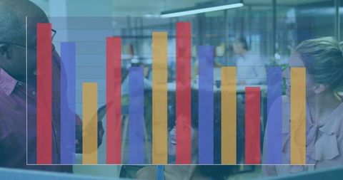 Business Professionals Analyzing Data with Chart Overlay in Modern Office