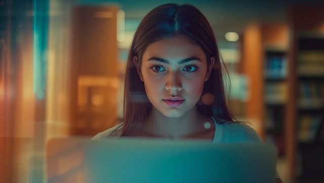 Focused Woman Studying on Laptop in Modern Library Ambiance