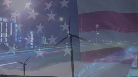 Blending Innovation: US Flag with Cityscape and Wind Turbine