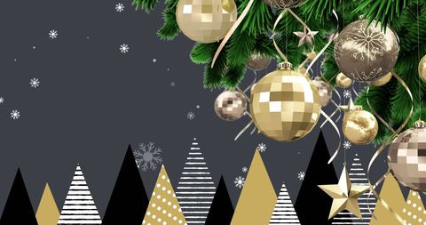 Holiday Cheer with Golden Baubles and Snowy Scene