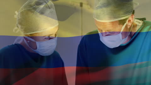 Colombian Surgeons Operating, Flag Overlay Symbolizing Patriotism