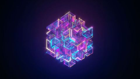 Floating Interlocked Neon Glass Cube Cluster Emitting Holographic Prism Glow