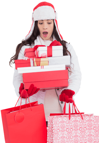 Surprised Woman with Gifts in Transparent Winter Setting