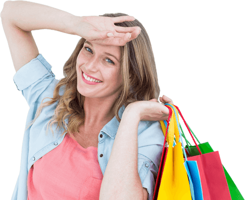 Cheerful Woman Holding Colorful Shopping Bags in Transparent Background