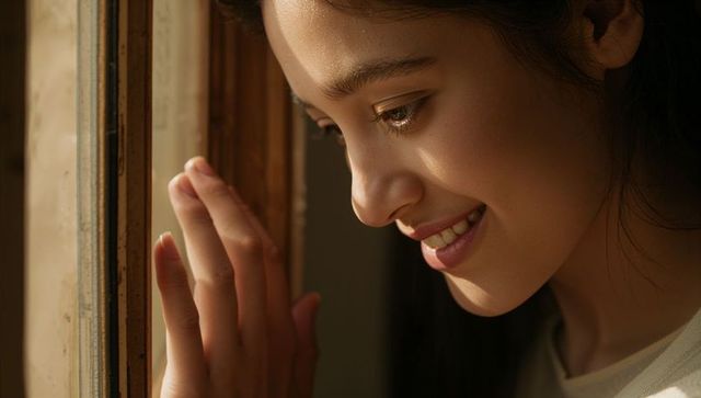 Sunlit close-up of asian woman smiling and gazing through window with warm soft light
