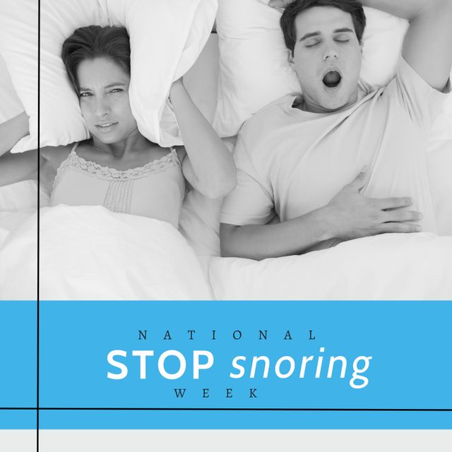 Image of a couple in bed emphasizes the importance of National Stop Snoring Week. Ideal for use in health campaigns, educational materials about sleep disorders, or promotional content about sleep health products. Highlights impact of snoring on relationships and general well-being.