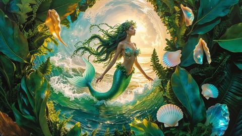 Green-haired mermaid enchanting jungle at sunset