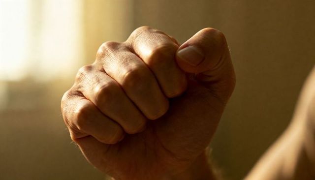 Clenched fist closeup showing knuckles, veins and tension in warm window light