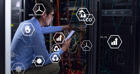 IT Engineer Analyzing Data on Server with Eco Icons