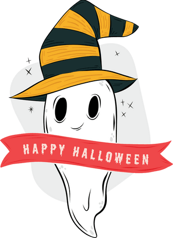 cute ghost wearing witch hat with happy halloween banner on transparent background - Download Free Stock Videos Pikwizard.com