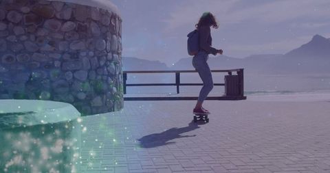 Skateboarding Adventurous Woman Enjoying Lakeside Path Leisure