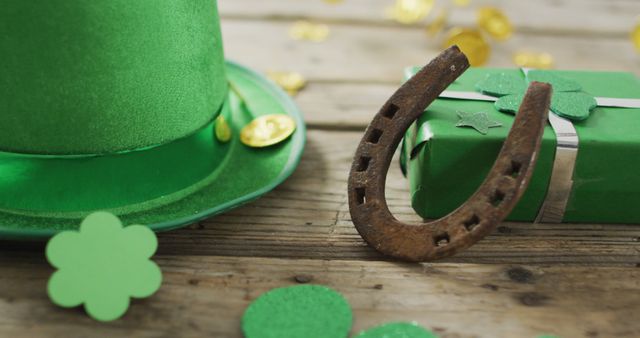 Green themed St. Patrick’s Day decorations including a green hat, an old horseshoe, and wrapped gift box with clover shapes on wood background. Suitable for websites, blogs, and advertisements related to holiday celebrations, Irish culture, and seasonal festivities.