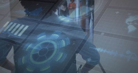 Collaborating around holographic data table displaying interactive analytics and futuristic hud