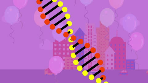 Spinning DNA Strand with Cityscape and Balloons on Purple