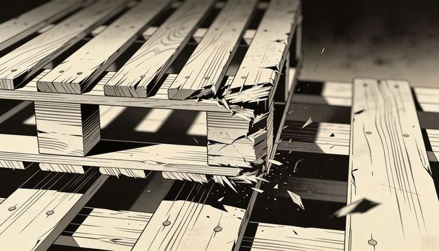 Splintering Wooden Pallet Corner Sending Shards Across Dock Floor High-Contrast Monochrome