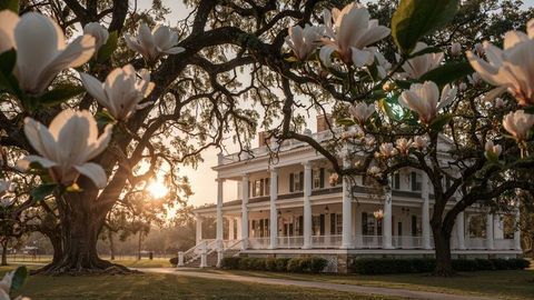 Magnolia Framed White Mansion in Golden Hour Serenity