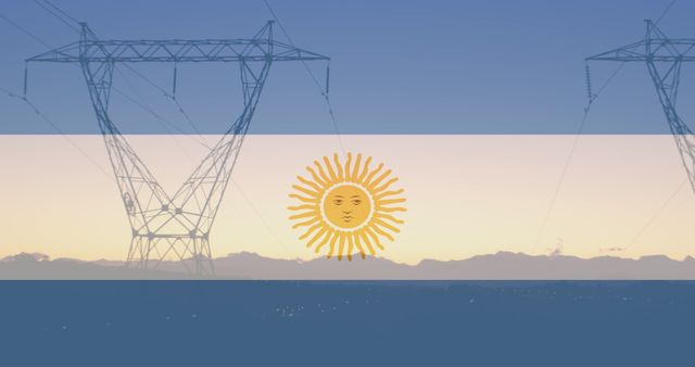 Argentine Flag Over High-Voltage Pylons at Sunset - Download Free Stock Images Pikwizard.com