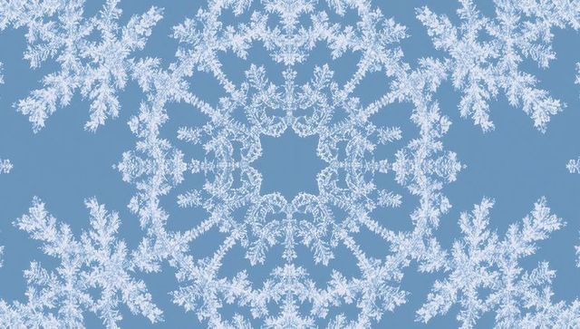 Frost kaleidoscope: intricate radial snowflake macro pattern on soft blue ice crystal
