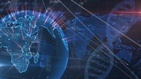 Digital World Map with Global Network and DNA Motif