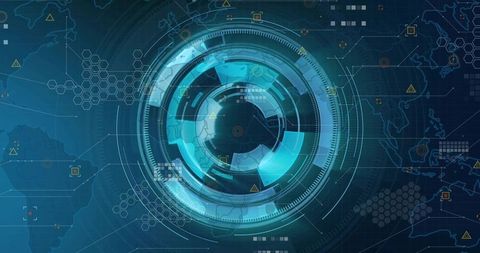 Futuristic Holographic Circular HUD Dashboard Global Analytics Data Visualization