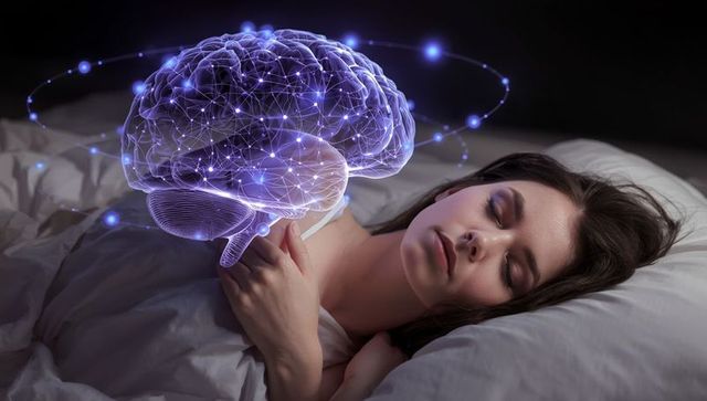 Woman sleeping with glowing brain hologram symbolizing dreaming