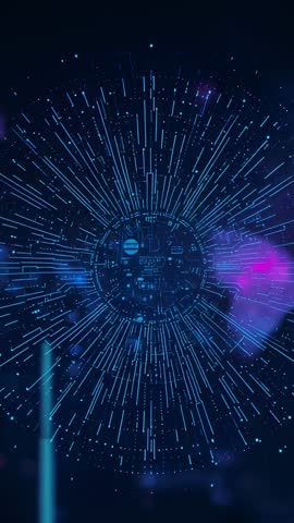 Pulsing Neon Sphere Radiating Cyan Data Lines in Futuristic Vertical Digital Tunnel