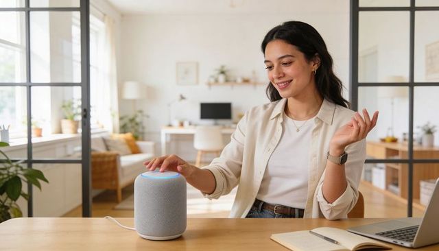 Young woman using smart speaker in bright home office workspace with laptop and notebook