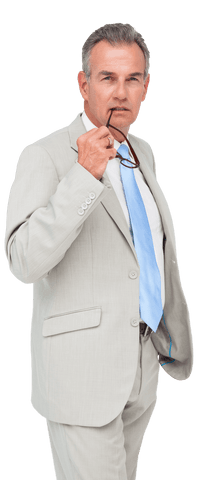Senior Businessman Holding Glasses, Professional Expression, Transparent Background
