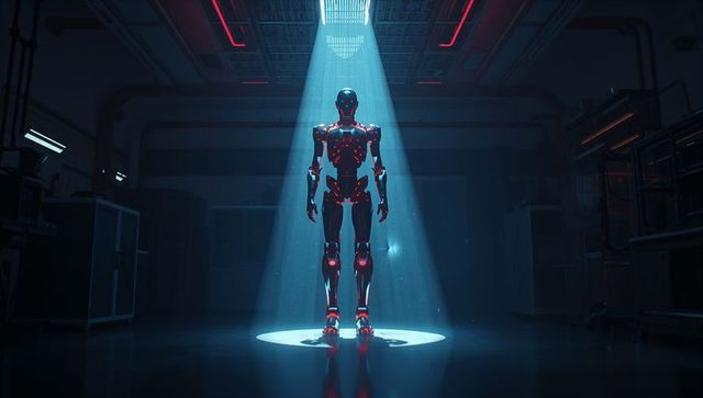 Futuristic humanoid robot glowing in advanced robotics lab