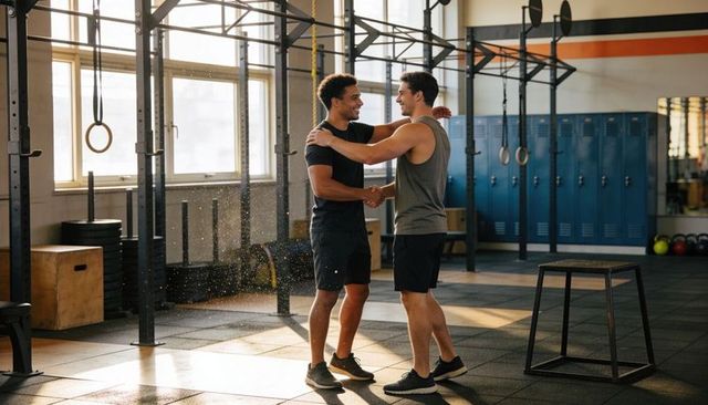 Two male athletes shaking hands and embracing in sunlit crossfit gym celebrating workout victory