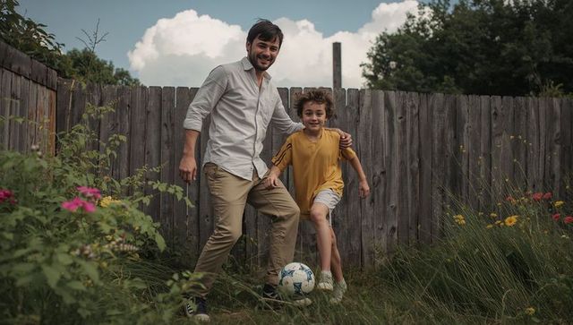 Father and son playing soccer in backyard sharing joyful summer bonding moment