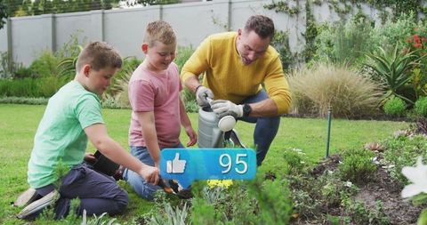 Father and Sons Gardening Together Outdoor Family Activity