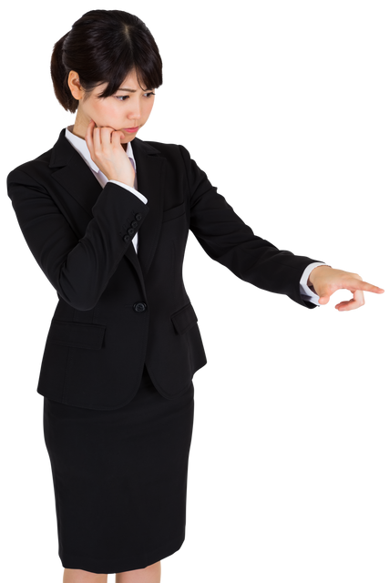 Contemplative Asian Businesswoman Pointing on Transparent Background - Download Free Stock Videos Pikwizard.com