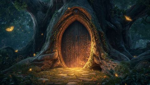 Enchanted Tree Trunk with Glowing Doorway in Mystical Woodland