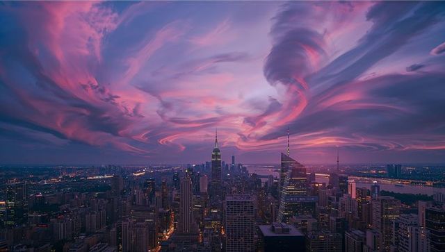 Whirling sunset clouds over manhattan skyline at dusk