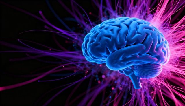 Neon Brain with Electric Neural Networks, Energy Streams, Futuristic Neuroscience Concept