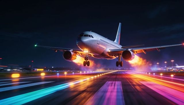 Touching down narrow-body airliner at night with glowing exhaust and neon runway lights