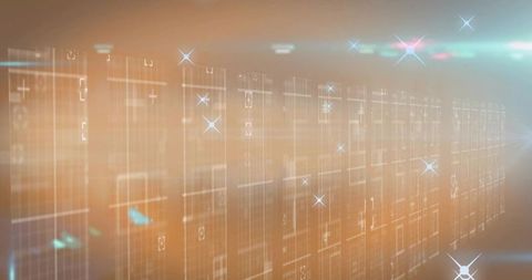 Glowing data panels flowing into receding digital corridor, holographic gridlines, teal flares