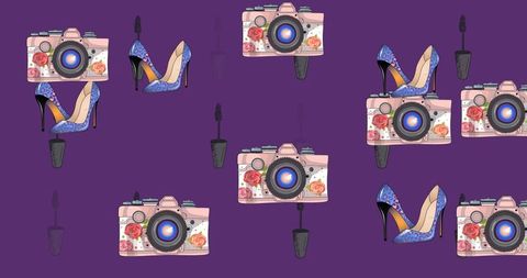 Fashion accessories illustrated background with cameras and heels